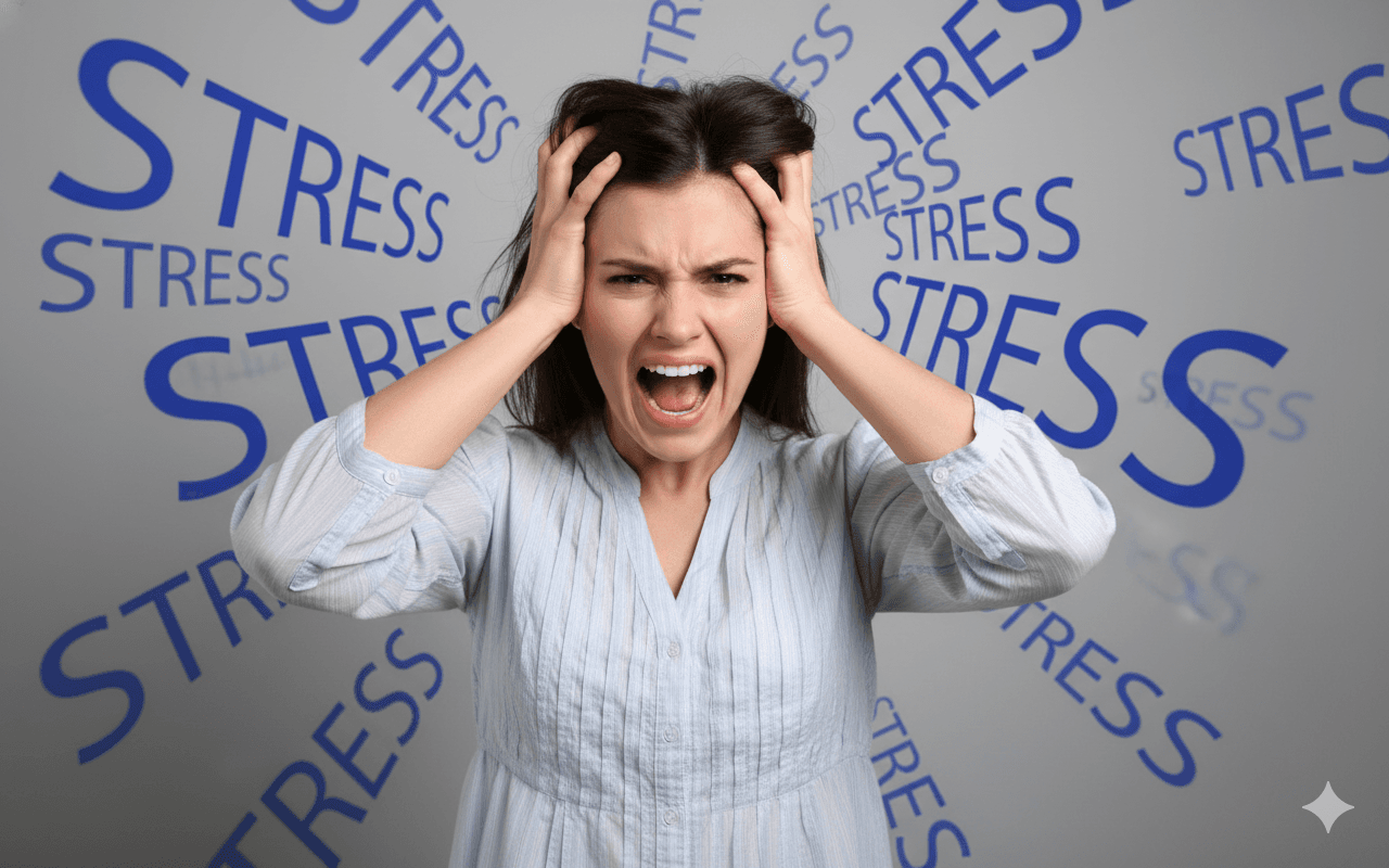 Person holding their head with the word “Stress” in the background